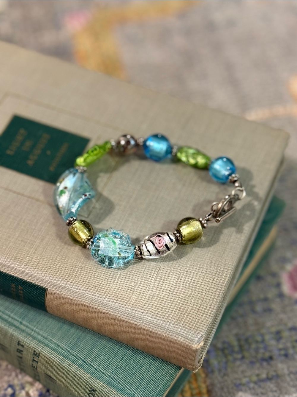 Murano Style Art Glass Beaded Bracelet Blue Green Foil Wedding Cake Bead‎ Toggle